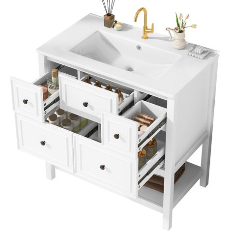 Meuble vasque sur pied blanc 76 x 46,5 x 82 cm avec 5 tiroirs, 4 niches ouvertes, vasque céramique intégrée et rangement de salle de bain pratique - CHICFURN (1/5)