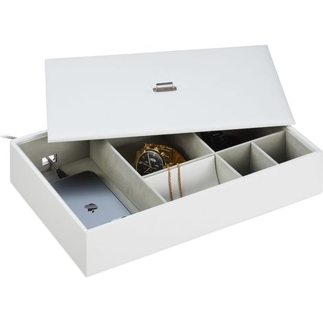 Relaxdays Jewellery Box, Storage with Compartments & Lid, HxWxD: 7 x 32 x 22 cm, Leather Look, Dressing Table, White