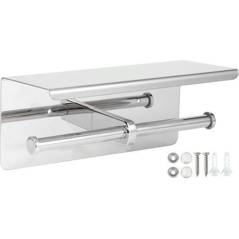 Porte-papier toilette double en acier inoxydable avec étagère de rangement pour téléphone - Indispensable pour la salle de bain (1/5)