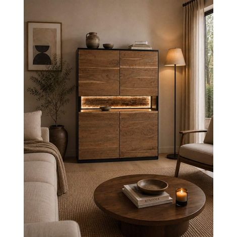 Leo - Buffet haut en bois d'acacia avec éclairage LED (1/5)