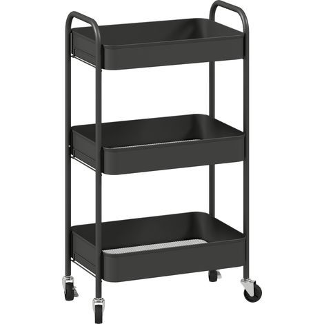 Chariot de service en acier noir à 3 étagères ajourées, desserte roulante 45x30,6x79 cm, rangement polyvalent (1/5)