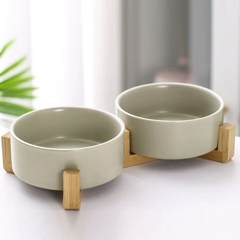 Double Ceramic Cat Bowl with Bamboo Stand-Grey (1/5)