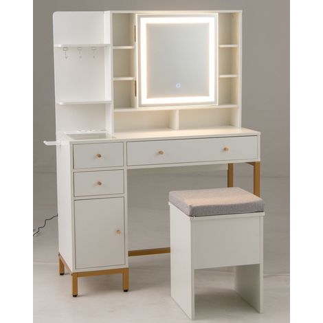Coiffeuse blanche avec miroir LED 3 couleurs et tabouret, rangements et prises USB, pour chambre, dressing et salon