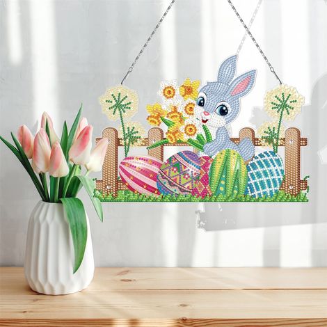 Kit de peinture 5D diamant lapin, pendaison murale Pâques, artisanat DIY strass cristal, décoration murale (1/5)