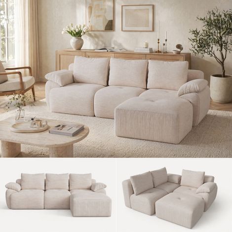 Canapé d'angle 3 places modulable en L convertible - design moderne confortable - 3 coussins de dossier et 4 coussins d'assise - 264 x 161 x 71 cm - pour salon - Beige (1/5)