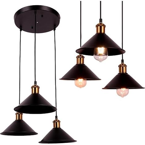 FIRVRE Lustre Industriel Noir, Luminaire Plafonnier Suspendu Vintage, Abat-jour Rétro en Fer, Réglable en Hauteur pour Cuisine Île Salle À Manger Café Salon(Disque) (1/4)