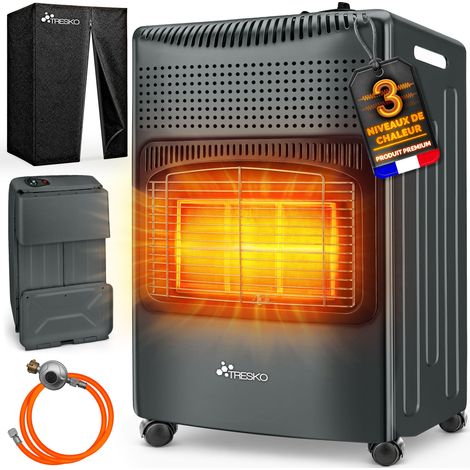 TRESKO Chauffage au gaz portable 4200 W pour intérieur avec régulateur de pression, tuyau et housse de protection 3 niveaux de chauffage réglables Appareil de chauffage mobile