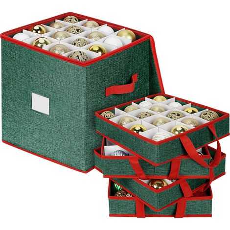 Boîte de rangement pour boules de Noël, 64 compartiments, boîtes de rangement avec couvercle, 4 niveaux, amovibles avec poignées et séparateurs (31,5 x 31,5 x 34 cm), vert rouge (1/5)