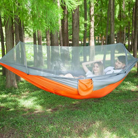 Hamac portable double avec moustiquaire pour camping, randonnée et voyage, lit suspendu gris et orange, hamac de plein air avec moustiquaire intégrée (1/3)