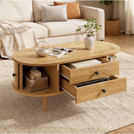 Table salon rangement coulissante 100x50 MDF chene OKMYHOME (1/5)