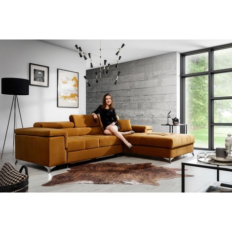 Canapé d'angle convertible en tissu luxe 5 places, RICHARD, couleur moutarde, angle droit (1/5)