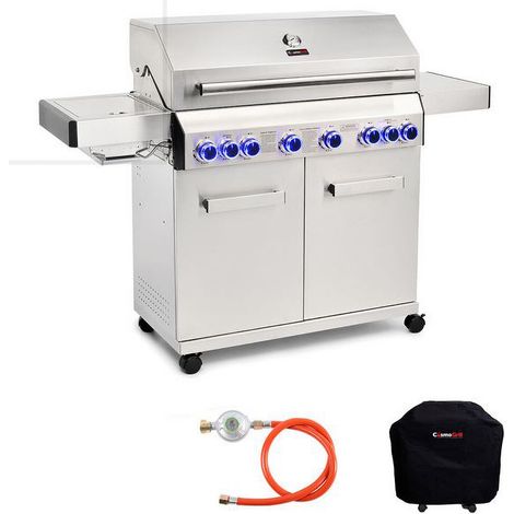 CosmoGrill Barbecue 6+2 Platinum Stainless Steel Gas Grill BBQ (Silver With Cover)