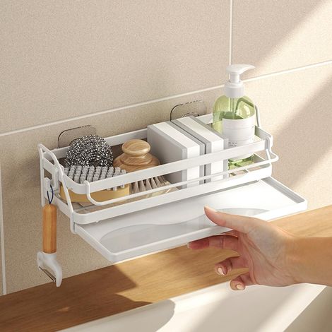 Organisateur mural pour évier de cuisine blanc, support éponge auto-adhésif, bac d'écoulement amovible et porte-serviettes, 2 crochets, acier au carbone