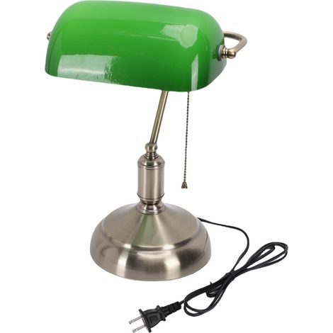 Lampe de bureau de banquier vintage, lampe de table à brancher avec interrupteur à chaînette, abat-jour en verre vert, pour chevet (1/5)
