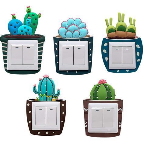 Lot de 5 autocollants muraux en caoutchouc pour interrupteur Motif Cactus, Pour prise interrupteur 8,6 cm x 8,6 cm (1/5)