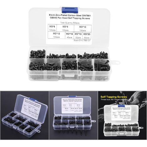 Vis cruciformes à tête bombée autotaraudeuses M3, lot de 500, acier au carbone, coffret d'assortiment (1/5)