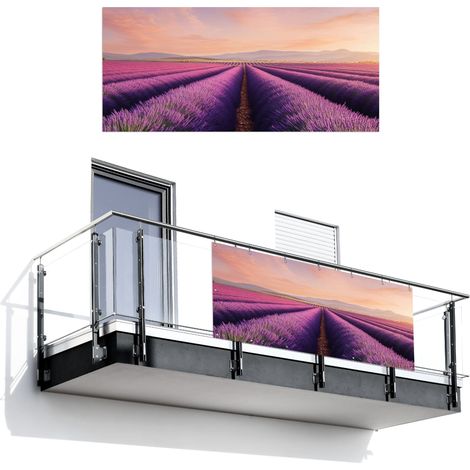 Balcony Privacy Banner Lavender Field - Sunset - Purple - Flowers 200x90 cm (1/4)