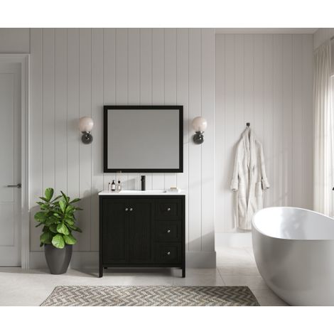 Tocador de 35.5 pulgadas, mueble de baño moderno con lavabo, mueble de almacenamiento con puertas de cierre suave y 3 cajones, negro Múnich (1/5)