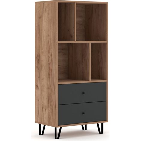 Bibliothèque 2 tiroirs 135,2 cm décor chêne brun et gris - BLIBZ
