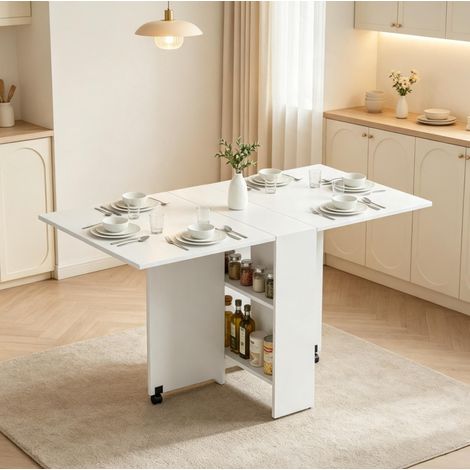 Klappbarer Esstisch 75/140/74 cm in Weiß mit Rollen und Ablagen, kompakt und praktisch (1/5)
