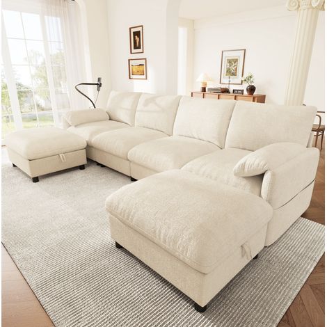 Modulares Ecksofa 273.5x133x81 cm Beige Chenille mit 2 Stauraum-Hockern, USB/Type-C und Handyhalter (1/5)