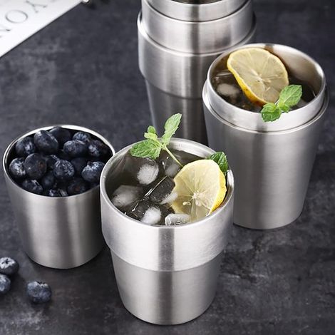pezzo, Bicchieri da caffè, Bicchieri da tè, tazza, tazza per bevande, acciaio inossidabile, tazza a doppia parete, tazza da campeggio, adatta per casa, cucina, viaggi, campeggio, argento, 8,38,39,5 cm (1/4)