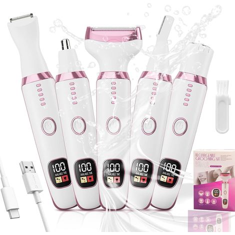 5-in-1 Akku-Elektrorasierer für Damen, Bikini-/Intim-/Achsel-/Nasen-/Gesichts-/Augenbrauenrasierer, wiederaufladbarer, schmerzfreier Rasierer für Damen (1/5)