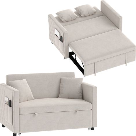 Canapé convertible 2 places - HOMCOM - clic clac - dossier réglable, poches latérales - velours hollandais - 131x81x83cm - beige (1/5)