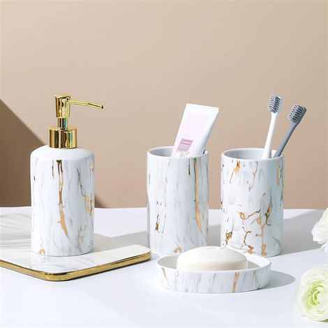 4 Pièces Ensemble Accessoires Salle De Bain, Céramique, Design Moderne, Porte Savon, Distributeur, Pour Famille Et Hôtel