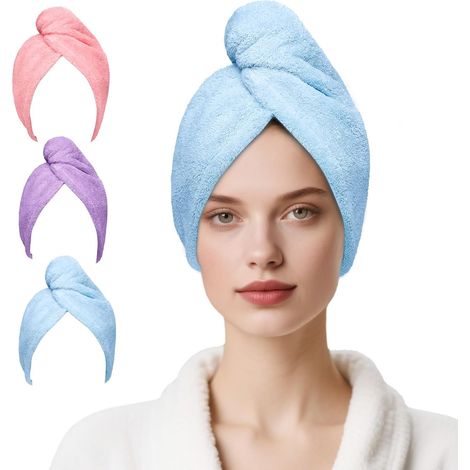Lot 3 serviettes cheveux microfibre ultra-fine 25×65 cm, tissu doux super absorbant pour cheveux longs courts bouclés lisses (1/5)