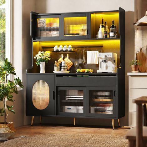 Seitenboard / Aufbewahrungsschrank / Küchenschrank / Buffetschrank, 145x39x171cm, Landhausstil, 5 Türen, mit LED-Lichtleiste & Ordnungslockplatte, Fluted Glas Türen, Braun/Schwarz (1/5)