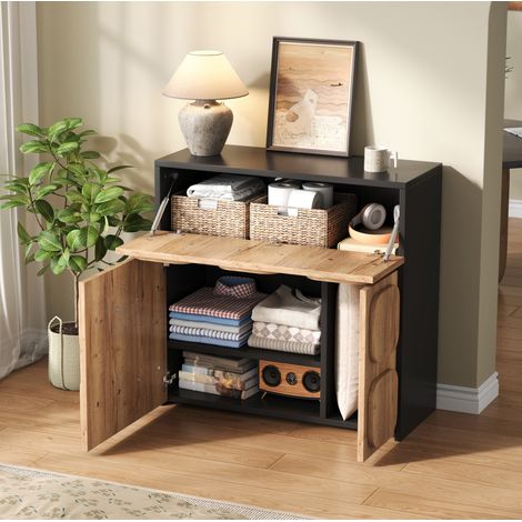 Credenza 79.6x34.8x81.5 cm legno naturale in legno ingegnerizzato con 4 vani in stile retrò (1/5)