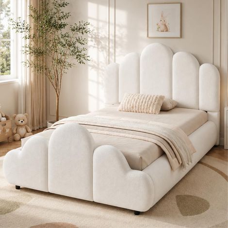 Cama infantil 90x200 cm beige en bouclé con somier y esquinas redondeadas