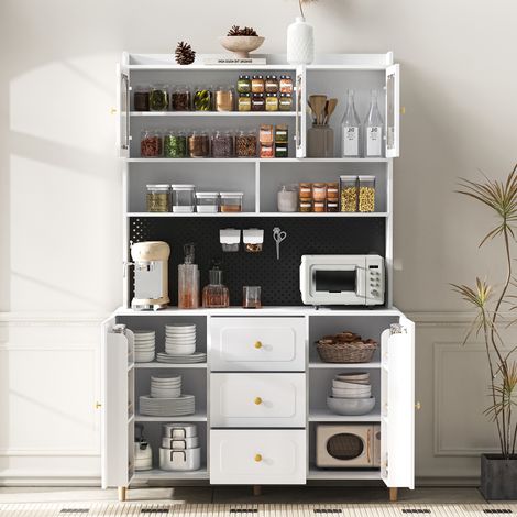 Armoire haute avec panneau perforé, pieds en bois massif, meuble bar avec rangement, buffet cuisine tiroirs, blanc (1/5)