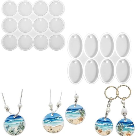 Mabor 2er-Set runde Silikon-Harzformen mit 12 und 8 Mulden, oval und rund, mit Loch, für Schlüsselanhänger und Ohrringe aus Epoxidharz zum Gießen. (1/4)