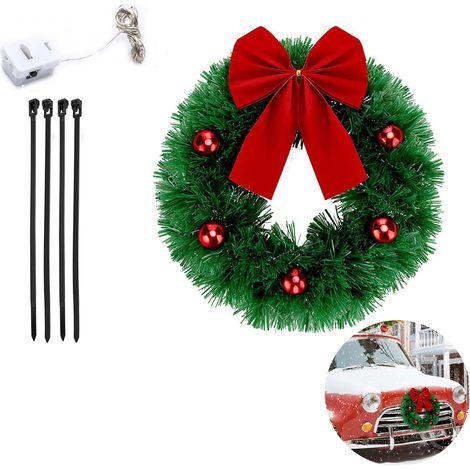 GARRYFIZH Beleuchteter Weihnachtskranz fürs Auto, verziert mit roten Schleifen und LED-Lichtern, für die Weihnachtsdekoration. (1/5)