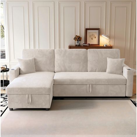 Divano letto modulare con contenitore, seduta trasformabile, stazione di ricarica, portabicchieri e tessuto corduroy beige (1/5)