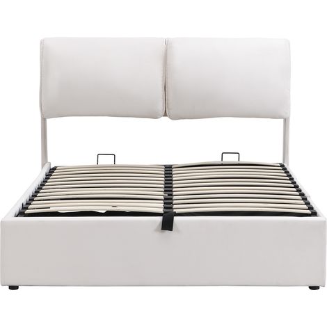 Hydraulisches Boxspringbett 140 x 200 cm aus beigefarbenem Samt mit Kopfteil und Lattenrost (1/5)