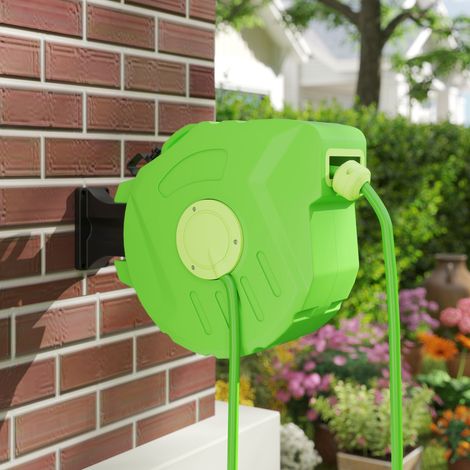 Rouleau mural rétractable 15 m, support rotatif 180° avec enrouleur automatique, tuyau d'arrosage jardin vert en plastique. (1/5)