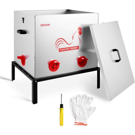 VEVOR Distributore per Pollame Galline Capacita 38,56 kg, 6 Porte di Alimentazione, Senza Sprechi Gravita Automatica, con Altezza Regolabile e Coperchio di Bloccaggio, Struttura in Metallo