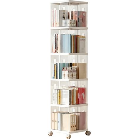Bibliothèque rotative sur pied avec roulettes silencieuses, étagère de rangement mobile 360°, blanc, 5 niveaux (1/5)