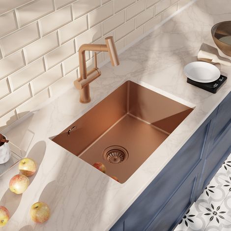 Ceramia Timeless 55x45x21 cm lavello sottotop + miscelatore in acciaio inox con doccetta estraibile, rame spazzolato (1/4)
