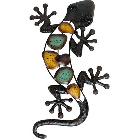 Décoration murale Gecko en métal, Sculpture suspendue d'art de jardin en lézard, décoration extérieure pour la maison, la cour ou la clôture（droite）