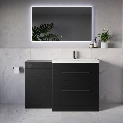 Napoli 390 Nero Oak 1300mm 2 Drawer Vanity Unit Toilet Suite with Glide Basin - 1300mm - Gunmetal Grey 480mm HandleWithout Kingston Toilet Pan