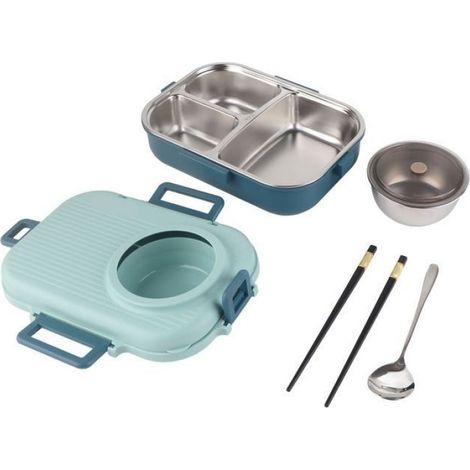 Boîte à lunch isotherme 1100 ml, double paroi, 3 compartiments,en acier inoxydable 304,avec baguettes,cuillère et bol à Femeo (1/5)