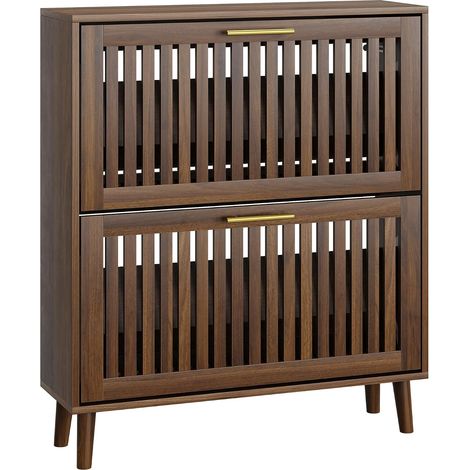 Meuble à Chaussures Étroit avec Tiroirs Basculants à Lamelles, Rangement Chaussures 8-16 Paires avec Étagères Réglables, Finition Noyer pour Entrée et Couloir, 80x24x93 cm (1/5)