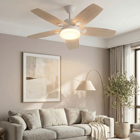 Ventilatore da soffitto con luce LED silenzioso - Ø 106,6 x 39 cm - 5 pale in legno massello con telecomando - moderno - bianco (1/5)