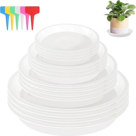 16 x Plastic Flower Pot Saucer Flower Pot Saucers with 18 Labels under Round Flower Pot Coaster for Indoor and Outdoor Plants (White) (1/5)