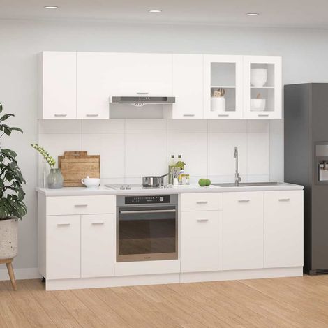 Ensemble de 8 meubles de cuisine Lyon en bois d’ingénierie blanc avec rangements, meubles hauts et bas, assemblage requis (1/4)