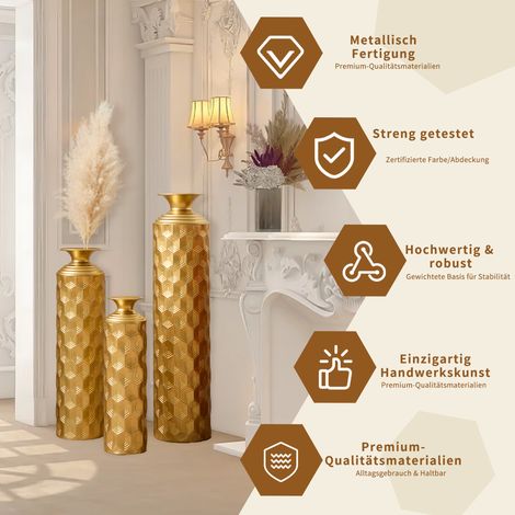 Vases de sol en métal doré, lot de 3, vases décoratifs semi-artisanaux à motif nid d'abeille, décoration moderne pour salon, couloir, entrée, hauteurs 50/65/85 cm (1/5)